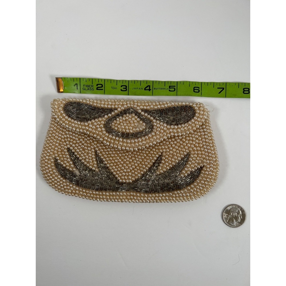 Vintage Beaded Bag Clutch Purse Pearl and Mercury Sequin Bugle Bead Satin Lined
